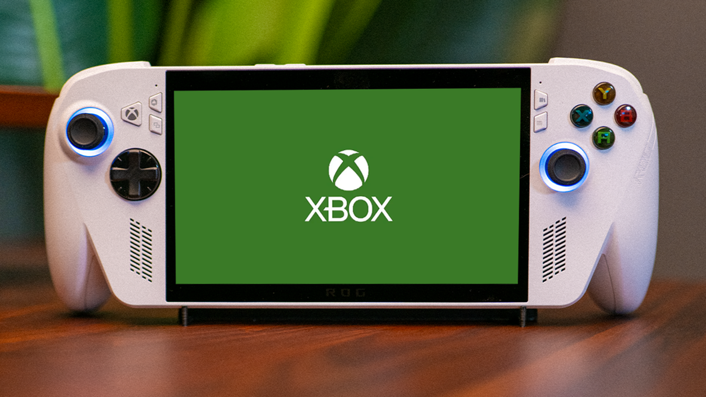 White ROG Xbox Ally displaying the Xbox logo on a tabletop
